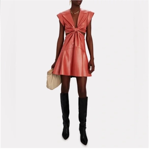 A.L.C Lexi orange or brown vegan leather v neck cutout mini dress - Picture 4 of 12